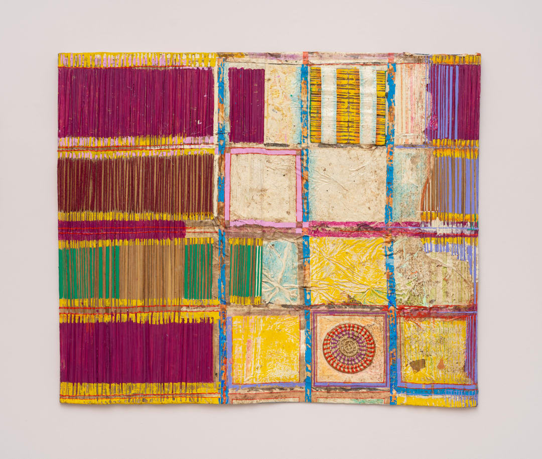 Delson Uchôa "Taipa de mão", 2022 resina em pigmento de tinta acrílica desidratada sobre piso de barro batido e fibra vegetal dehydrated acrylic paint resin on beaten clay floor and plant fiber 128 x 154 cm 50.39 x 60.62 in