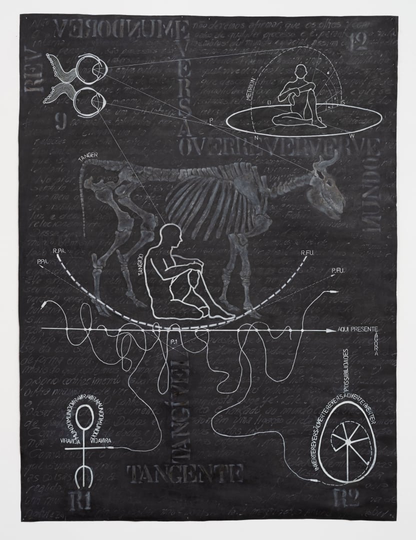 Rita Damasceno “UR-TANGENTE”, 2015 betume, acrílica, giz de cera e caneta branca à base de água sobre tela bitumen, acrylic, crayons and white water-based pen on canvas 210 x 156,5 cm 82.68 x 61.61 in