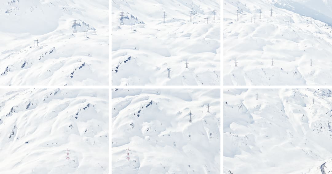 Walter Niedermayr Lech Albona 15 , 2016 Pigmentprint on Hahnemühle Paper Framed 6 parts, panel: 84x104cm, installation: 171x318cm Edition of 6, 2 AP