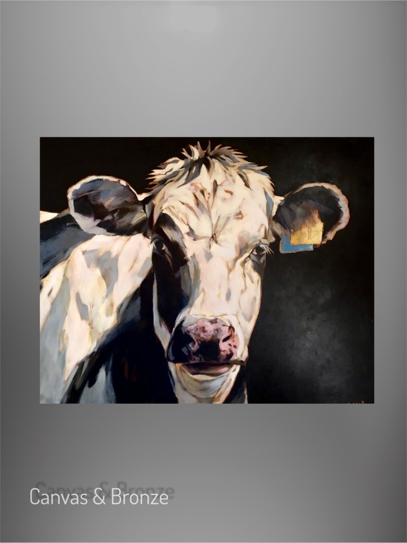 Portrait of a cow against a dark background in a realistic style, featuring bold brushstrokes and contrasting light and shadow.