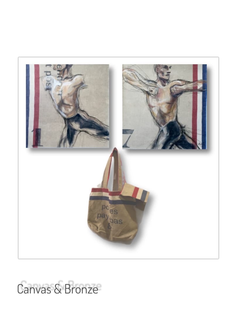 A diptych featuring expressive, stylized male figures in dynamic poses with a beige background, accompanied by a canvas tote bag with red and blue stripes and the text "poes paybas."