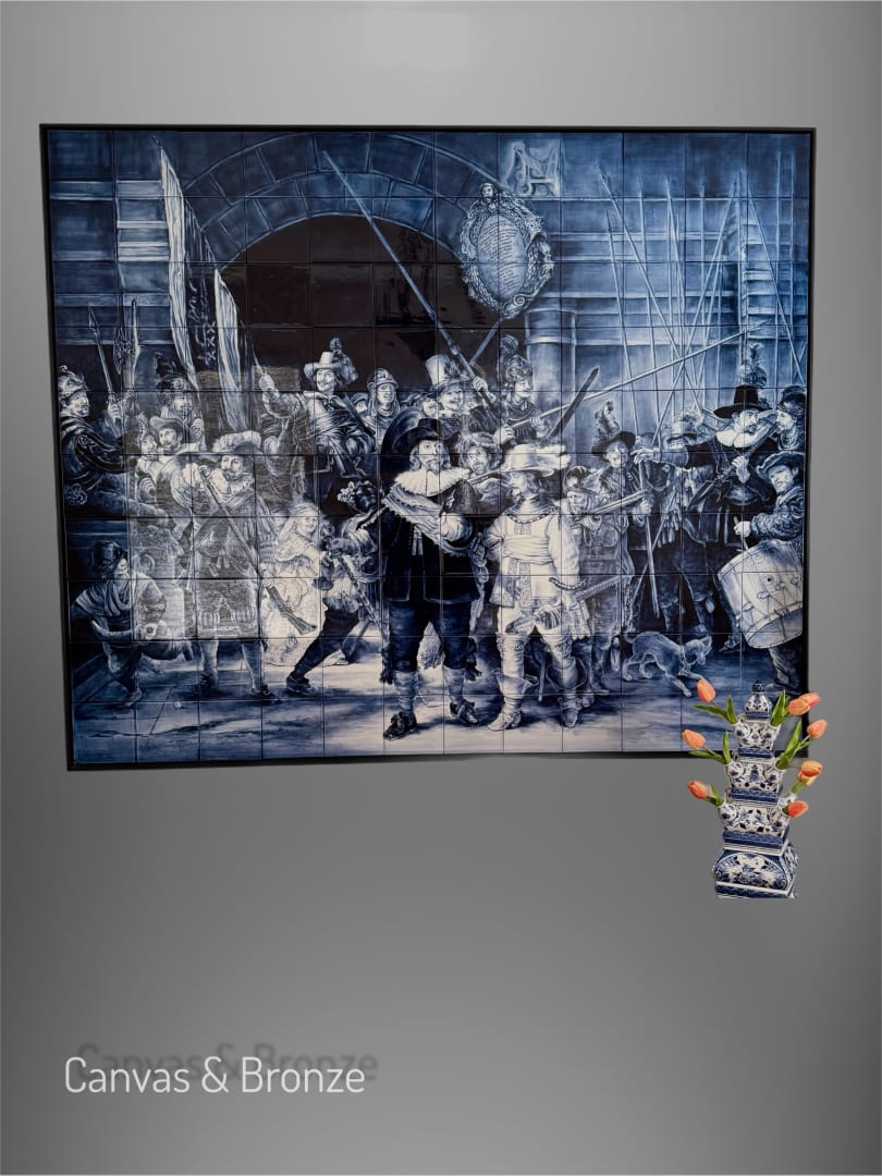 Black and white historical scene with soldiers and figures in a detailed, classical style with a decorative vase in the foreground.