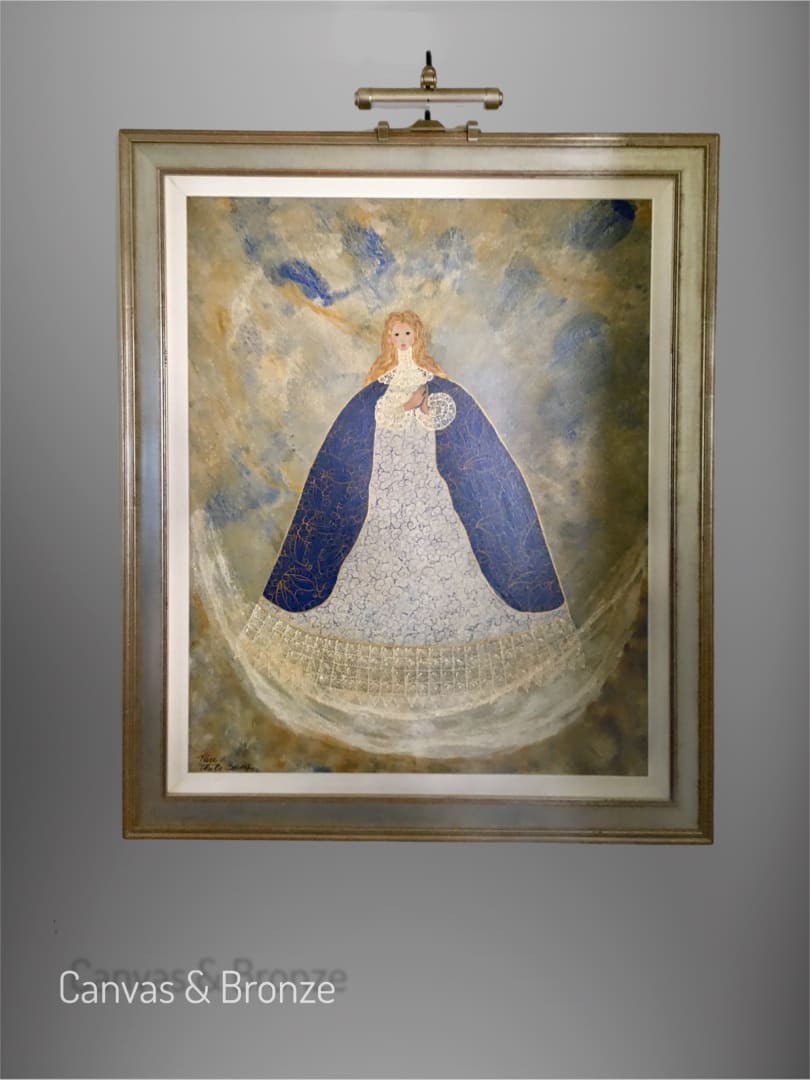 Painting of a regal figure in a blue and white gown with gold accents on a textured background, framed and displayed at Canvas & Bronze.
