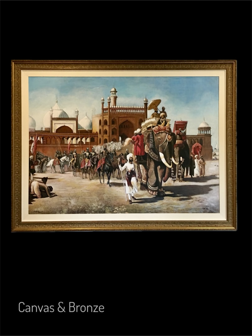 A painting depicting an elaborate procession with elephants and people in traditional attire, set against a backdrop of historic Indian architecture with domes and arches.