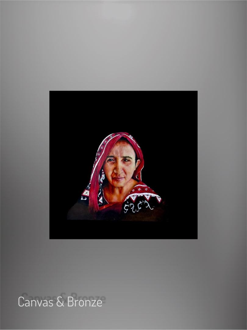 Portrait of a woman in a red headscarf with intricate white patterns against a black background, emphasizing cultural heritage and personal expression.