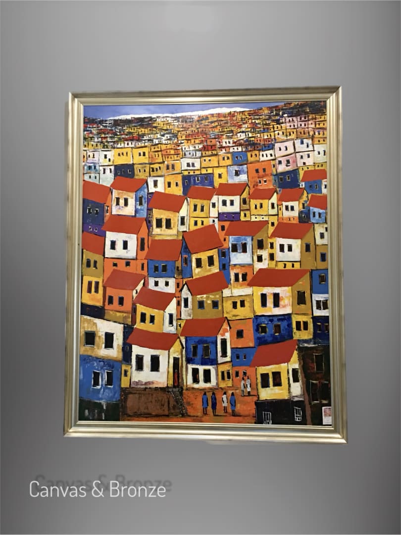 Colorful abstract painting of a densely packed hillside town with red, blue, and yellow buildings, evoking a vibrant Mediterranean or Latin American village.