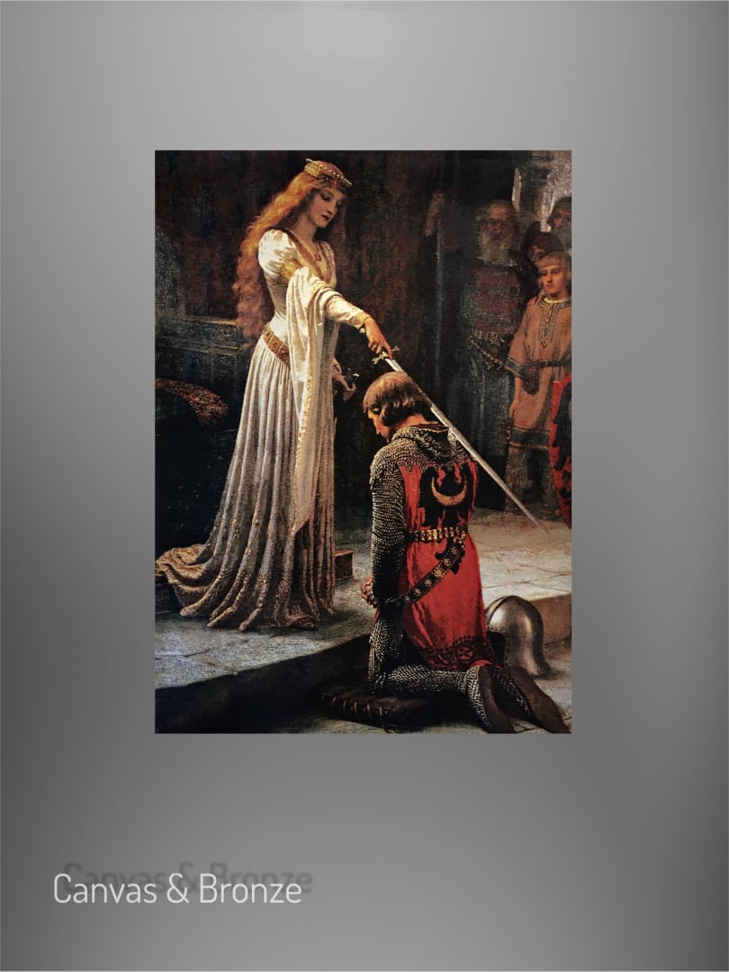 "The Accolade" by Edmund Blair Leighton, depicting a medieval scene with a knight being knighted by a lady in a flowing gown, rich in historical and cultural elements.