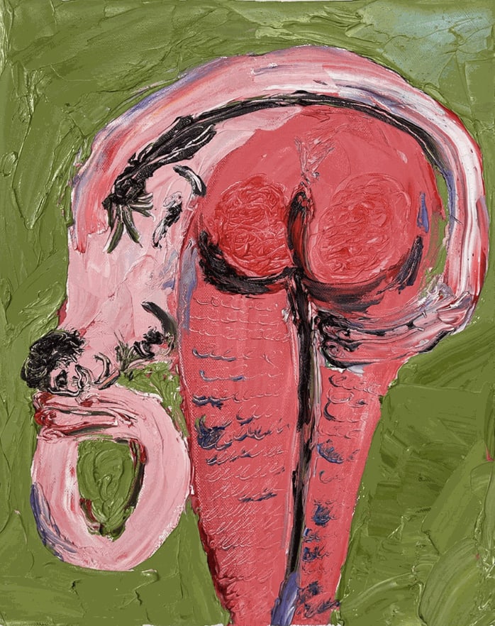 abstract painting of a pink person on a green background