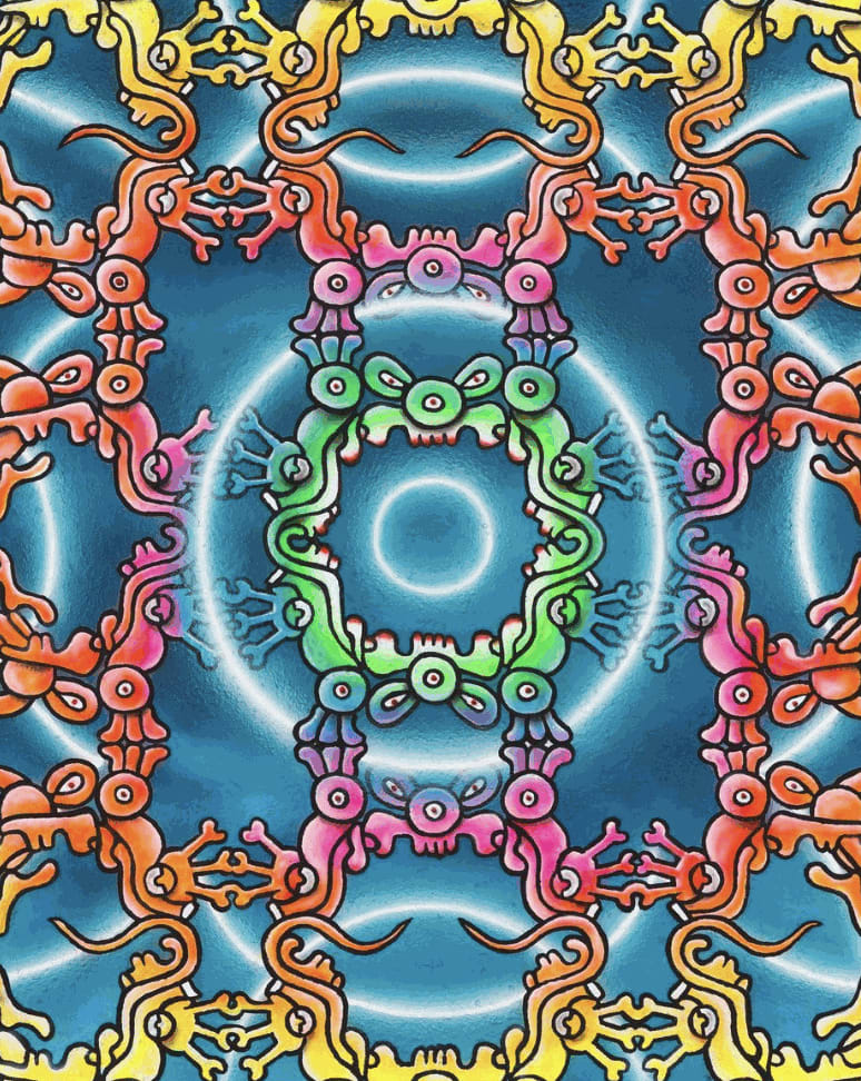 mixed media painting of blue-toned Aztec protection shield by Ozzie Juarez