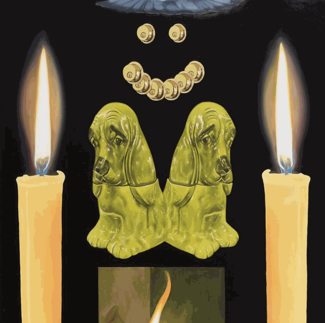 paintings of two candles, two dogs and a smiley face on a black background