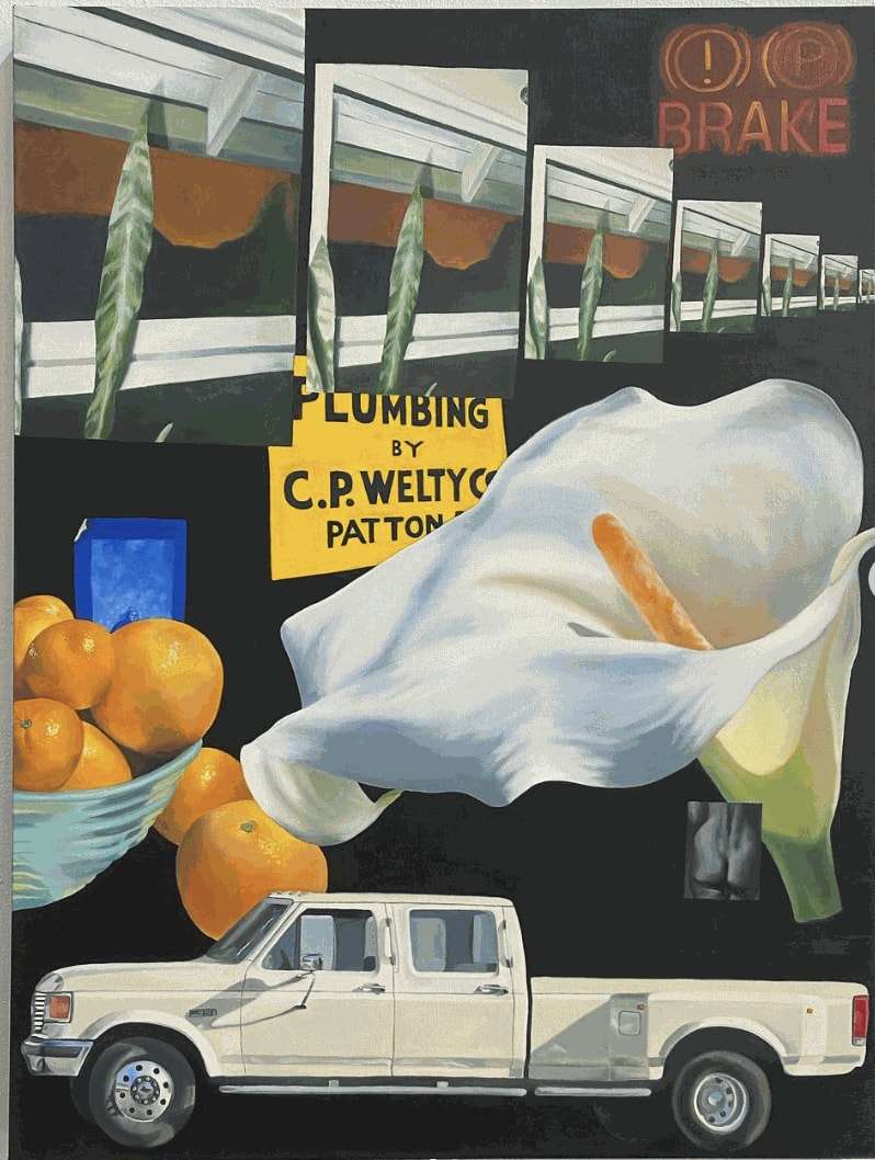 collage paiting of a realistic flower and a truck by morgan corbitt