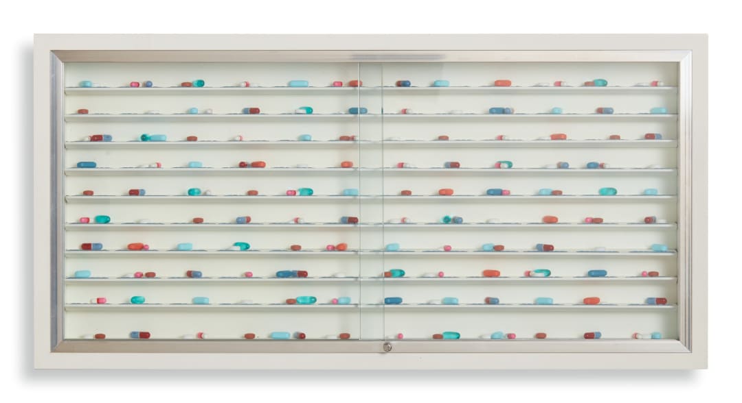 Damien Hirst, Day By Day, Glass, painted MDF, aluminum, stainless steel, Dymo tape and pills 12 by 24 by 4 in. (30.5 by 61 by 10.2 cm.) Executed in 2003, Edition of 35.