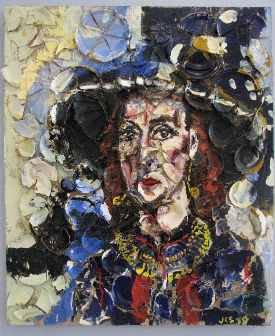Julian Schnabel (detail) Portrait of Hope Makler, 1989. Mixed media on wood. Stanford Museum. Photo by rocor is licensed under CC BY-NC 2.0.