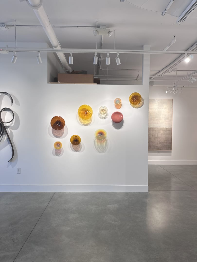 Austin Fields, glass, depicts abstract luminous glass installation, yellow, brown, peach, horizontal, represented by Kennedy Contemporary Art Gallery and Consulting