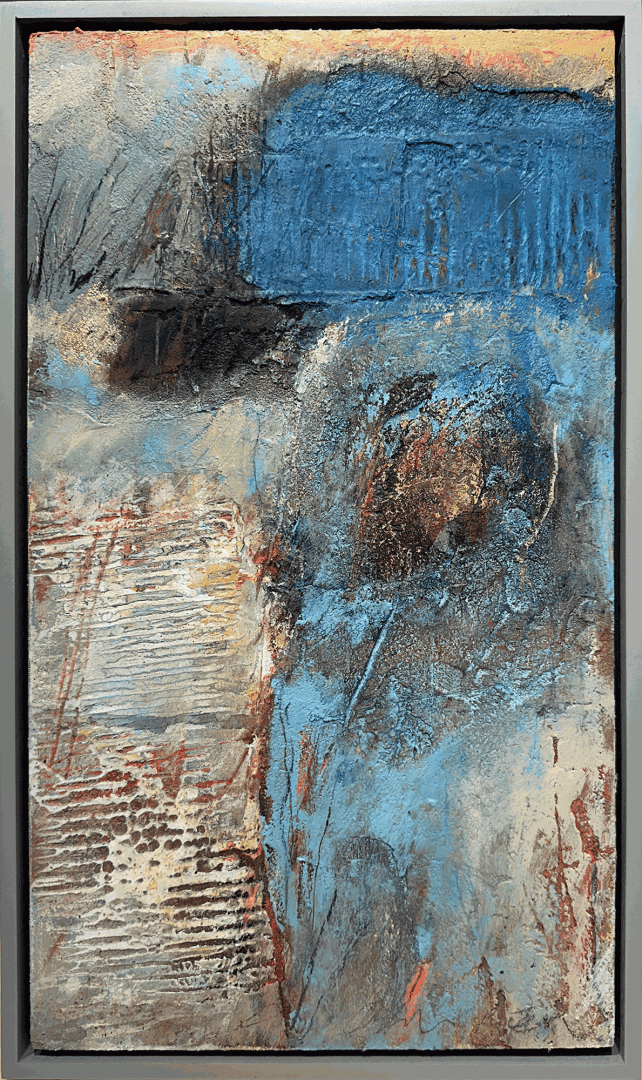 Randy Akers,Acrylic and mixed media,abstract work,blue and beige,vertical,represented by Kennedy Contemporary