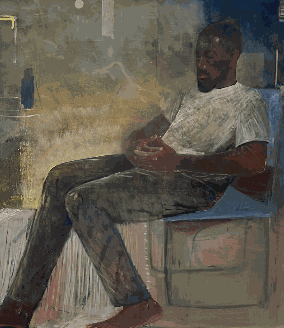 Abigail Dudley, “Emmanuel” (2023–24), oil on linen, 32 x 36 inches (all images courtesy Steven Harvey Fine Art Projects)