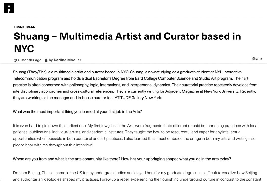Art Frankly: Shuang Cai – Multimedia Artist and Curator based in NYC