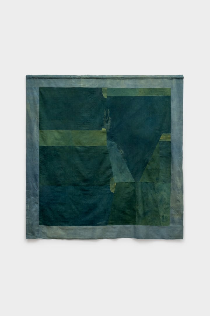 Margaret Hull, ZW Banner (marigold and indigo), 2024, pieced, secondhand sheets dyed in marigold and indigo, 72 x 70 inches. Image courtesy the artist. Photograph by Joe Tiano.