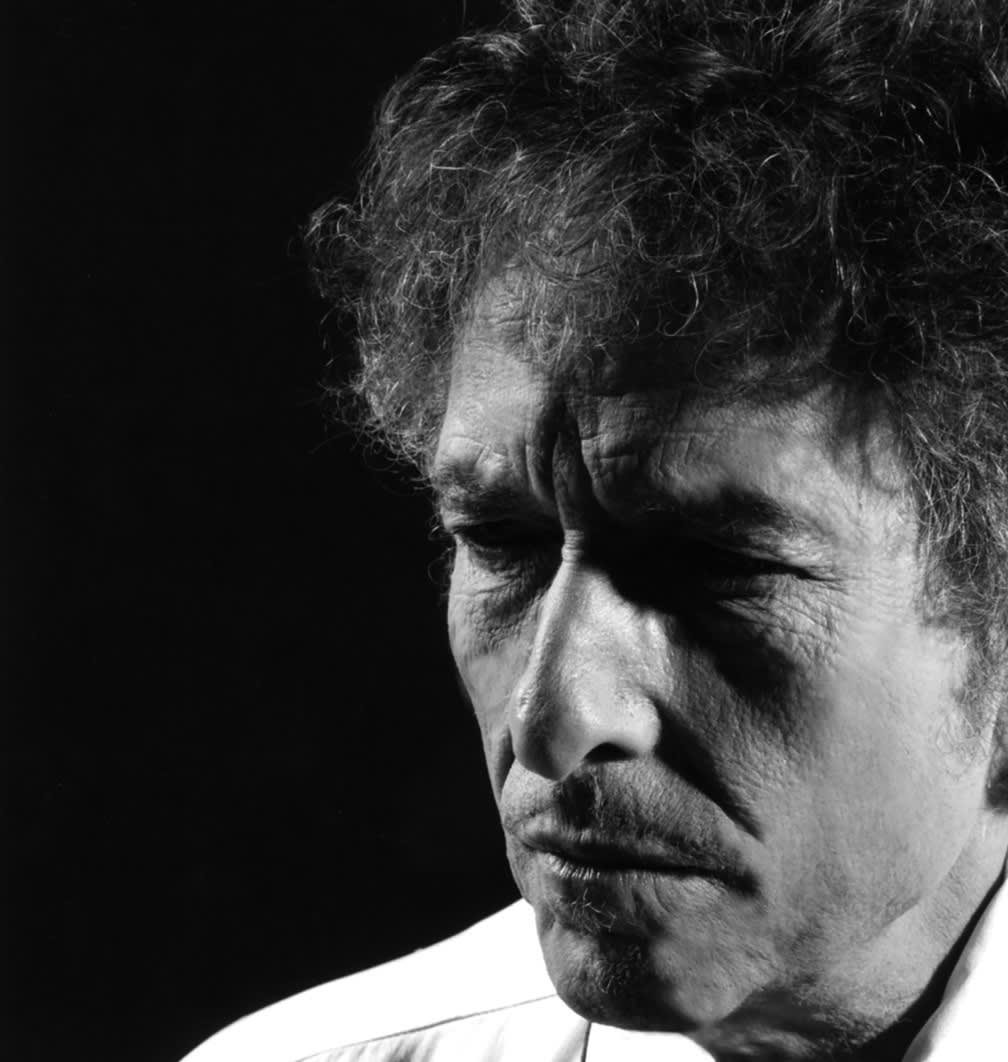 Black and White close up photograph of Bob Dylan