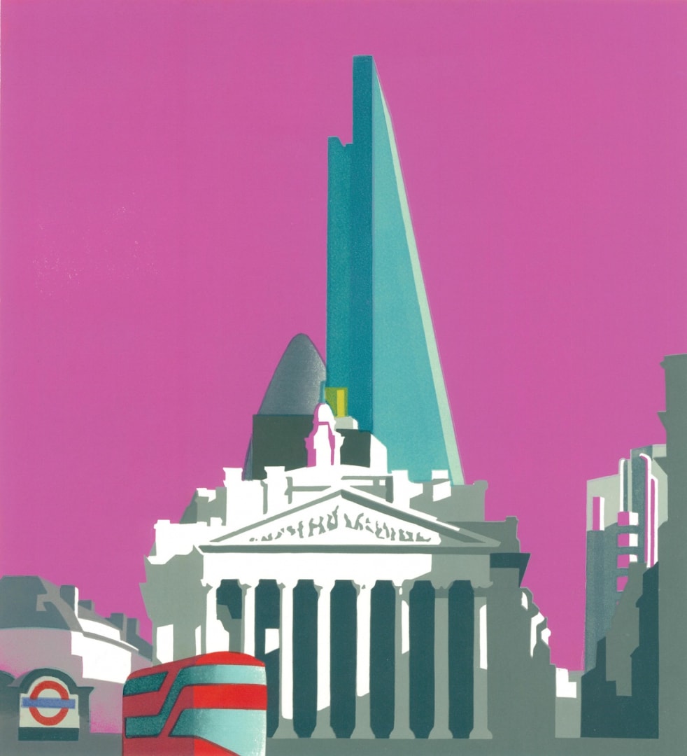 Routemaster at Bank, 2015, linocut on paper