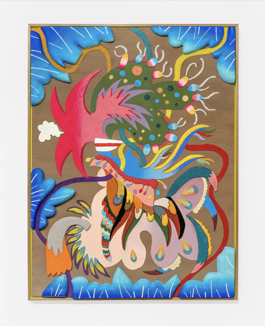 Assume Vivid Astro Focus, “Songbird Virus Songbird,” 2024, acrylic and colored pencil on duplex sheet of corrugated kraft paper.Credit...via Assume Vivid Astro Focus and Tibor de Nagy