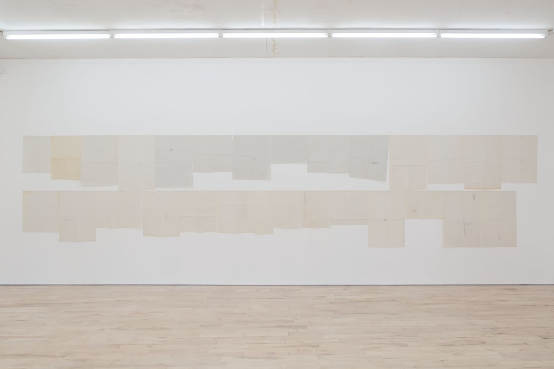 Sue Tompkins The view from the long couch, 2015 Typewritten text on newsprint, 29 sheets dimensions variable