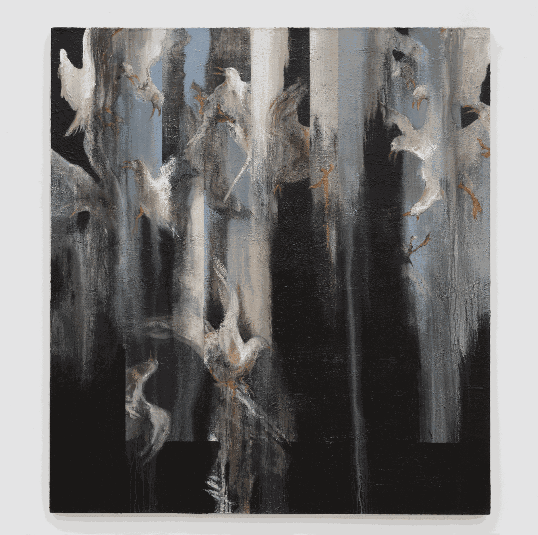 Lowering (2022) Acrylic and mixed media on canvas, 210 x 190