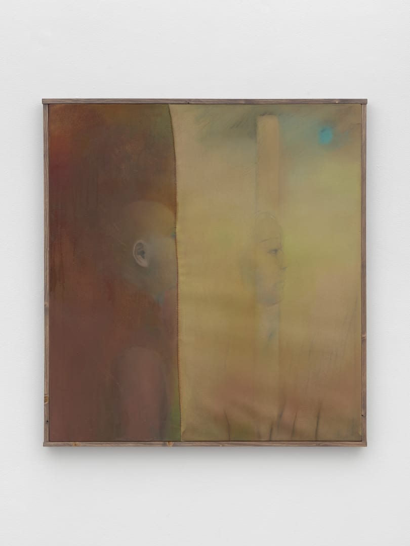 Liminal Comportment, 2025, oil, acrylic, pencil, and pastel on canvas in artist’s frame, 68 x 65 x 2 cm