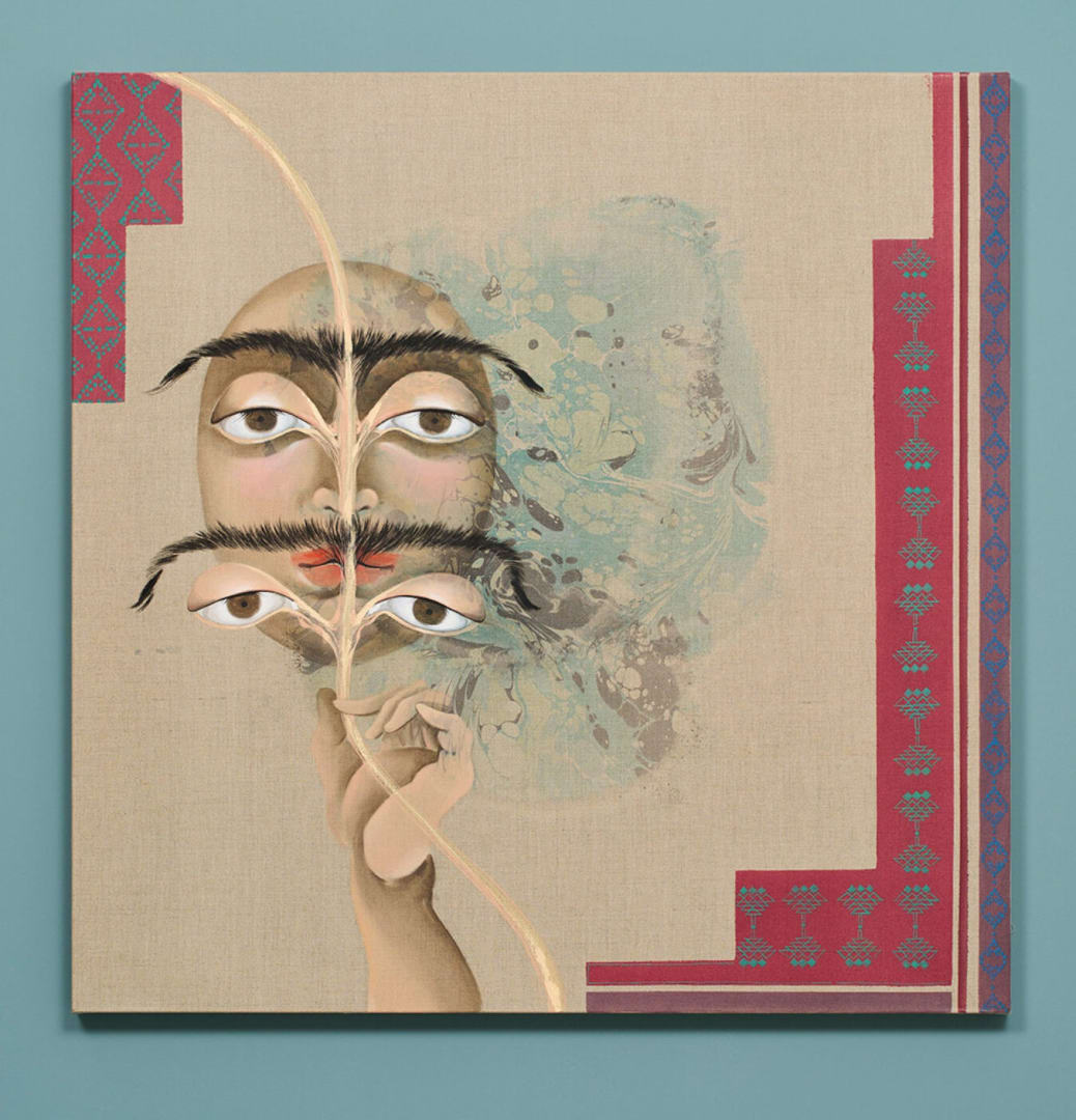 Hayv Kahraman, Look me in the eyes no 4, 2023, oil and acrylic on linen, 37 × 37 inches. Photo by Photo by Glen Cheriton, Impart Photography.