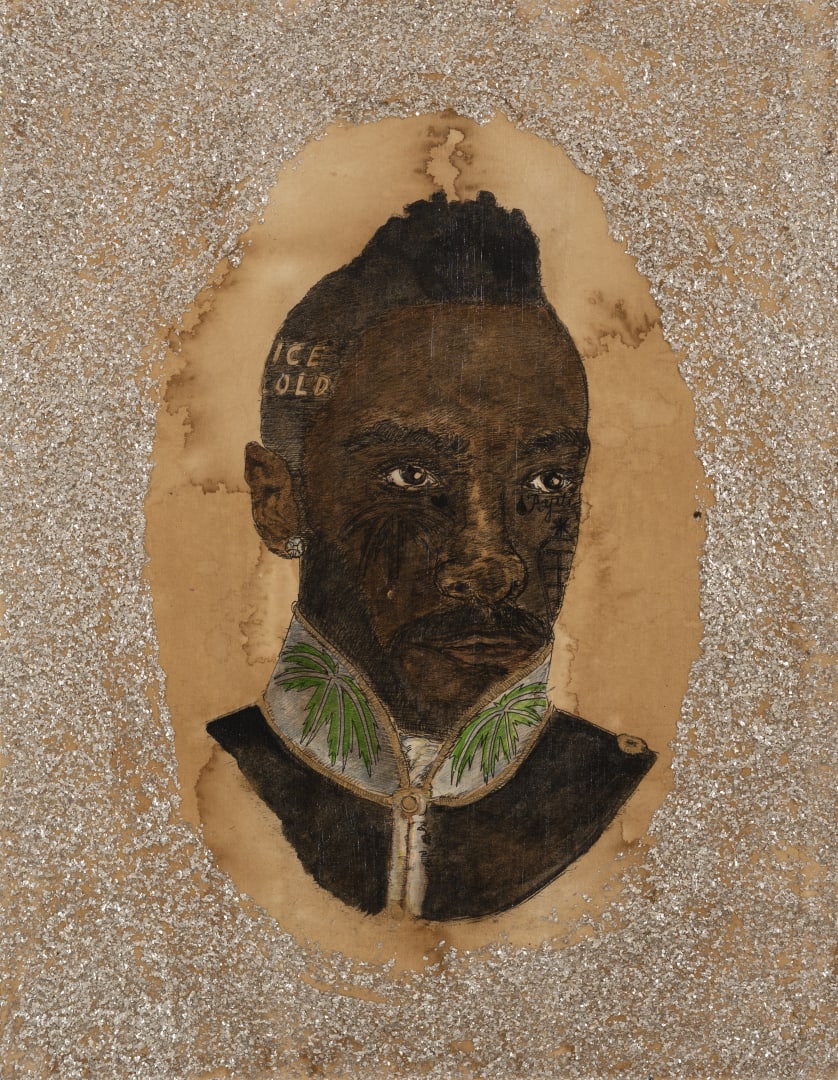 Umar Rashid (Frohawk Two Feathers), "Jean-Marc "Ice Cold" a rising star in the Sugarcane Army, and filled to the brim with revolutionary zeal, plots to destroy the Frenglish Empire by focusing his ire on Helen Sidney. Plans the assassination with the Force Liberte' via Boudicca, a beautiful woman who loves him but he is uninterested in women", 2020, acrylic, ink, black tea, coffee, and mica flake on panel, 27.9 x 35.6 cm. Courtesy of the artist and Tiwani Contemporary