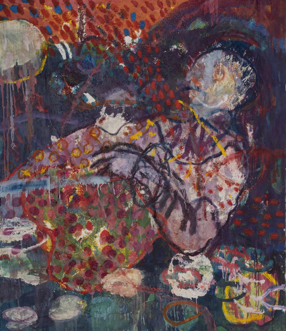 Mostaff Muchawaya, Grebha, 2022, Oil, ink and found objects on canvas, 189 x 159 cm. Courtesy of the artist and Tiwani Contemporary.