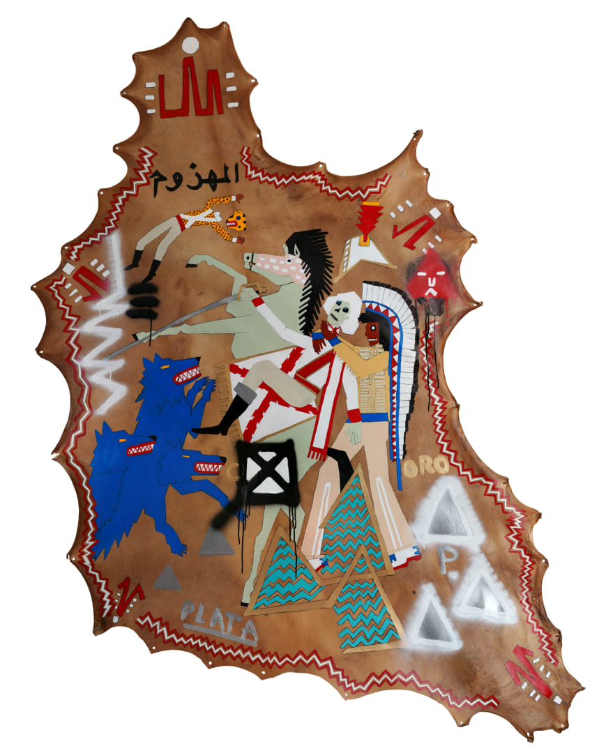 Umar Rashid, "Behold! The pale rider and the pale horse suffer an ignominious defeat", 2023, acrylic and spray paint on unbleached cow rawhide leather, 228.6 x 141 cm. Courtesy of the artist and Tiwani Contemporary.