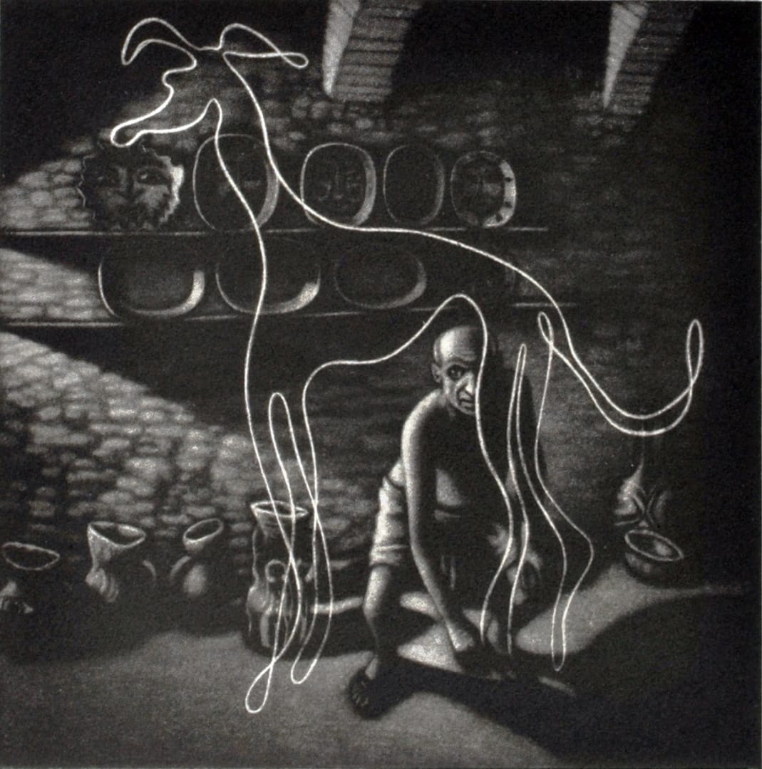 Mychael Barratt PRE, Picasso's Dog 1, mezzotint