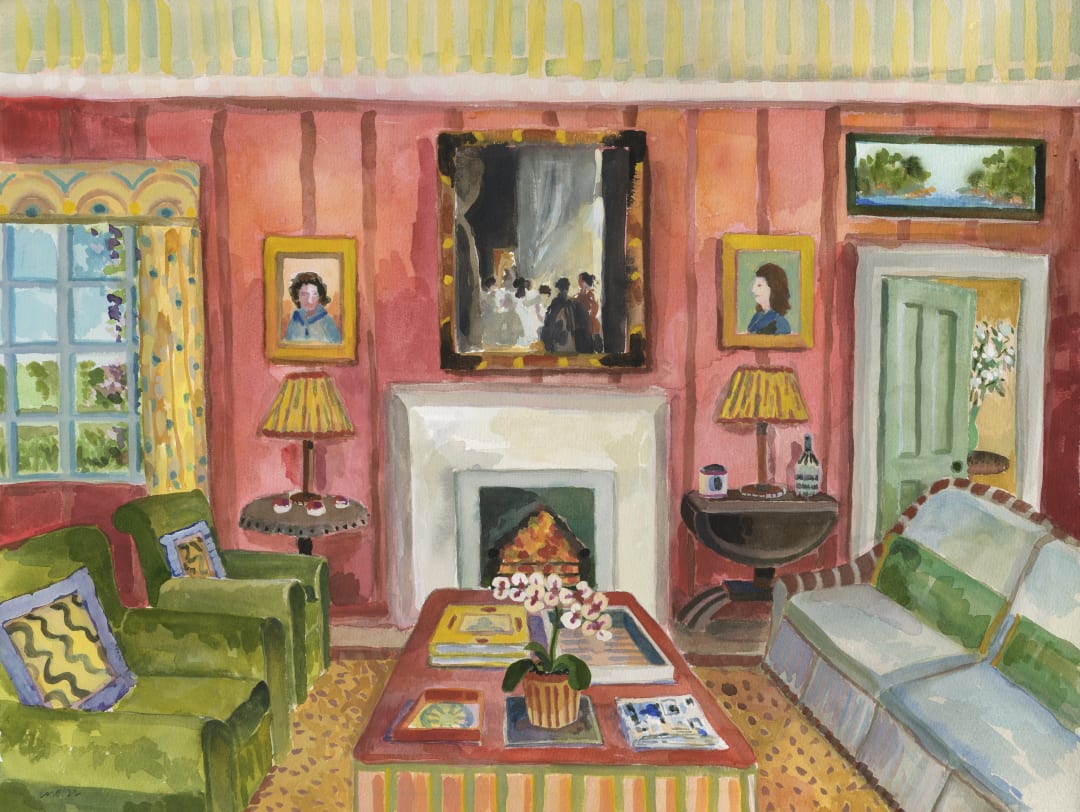 Lottie Cole ARWS, 'Interior with Dame Laura Knight & Two Anonymous Women', watercolour & gouache