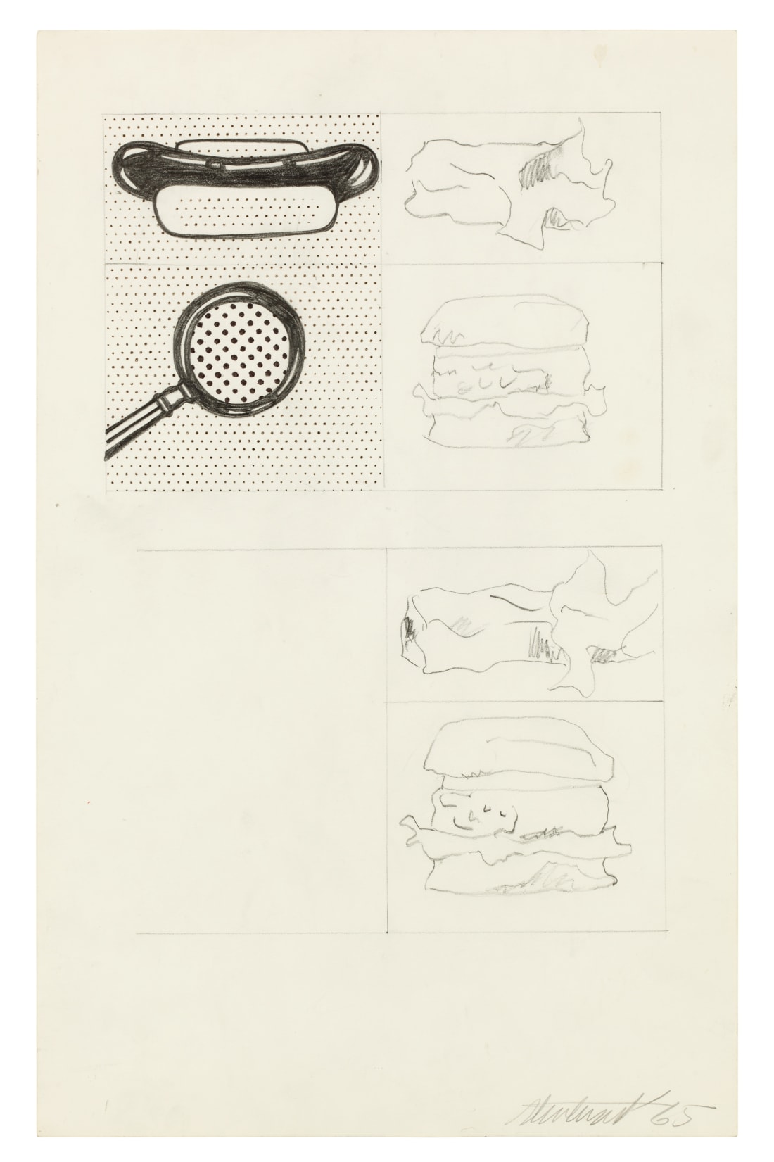 Sturtevant, Lichtenstein Hot Dog, Magnifying Glass / Oldenburg Charms, Hamburger (1965); Thaddaeus Ropac