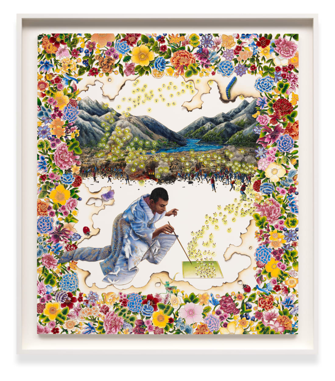 Echoes Over Arabia: The Firefly Priest in the Temple of Hope, 2025 Acrylic liner and enamel on paper mounted on...