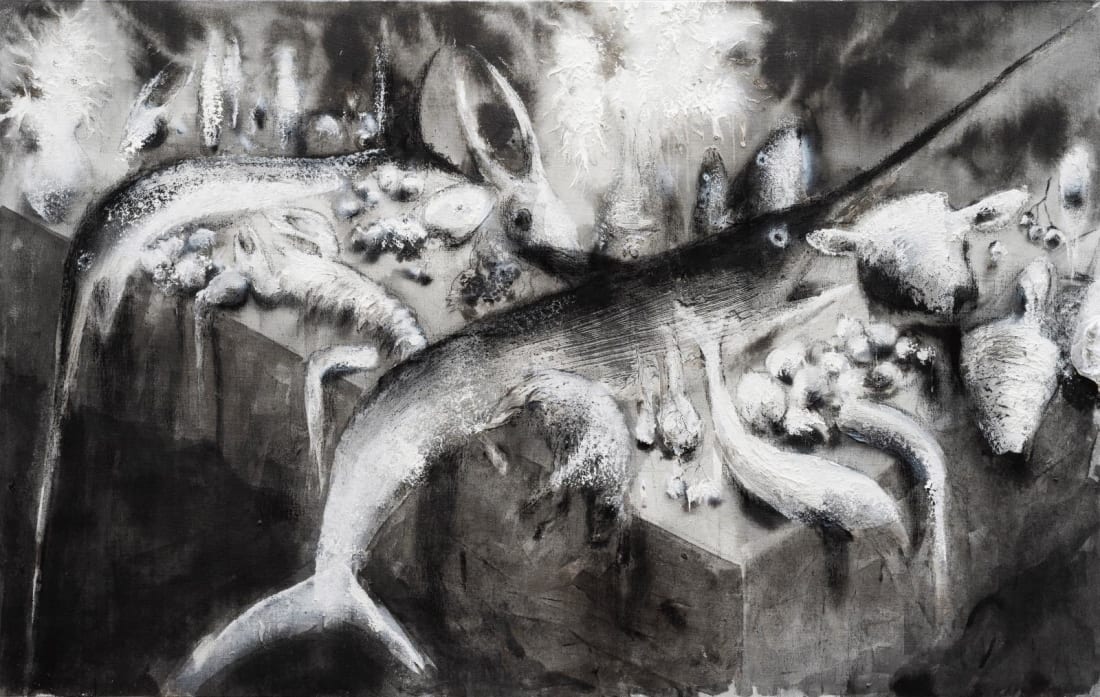 Miquel Barceló (né en 1957), Grisaille avec deux espadons (détail), 2022, technique mixte sur toile, 170 x 270 cm. ©...