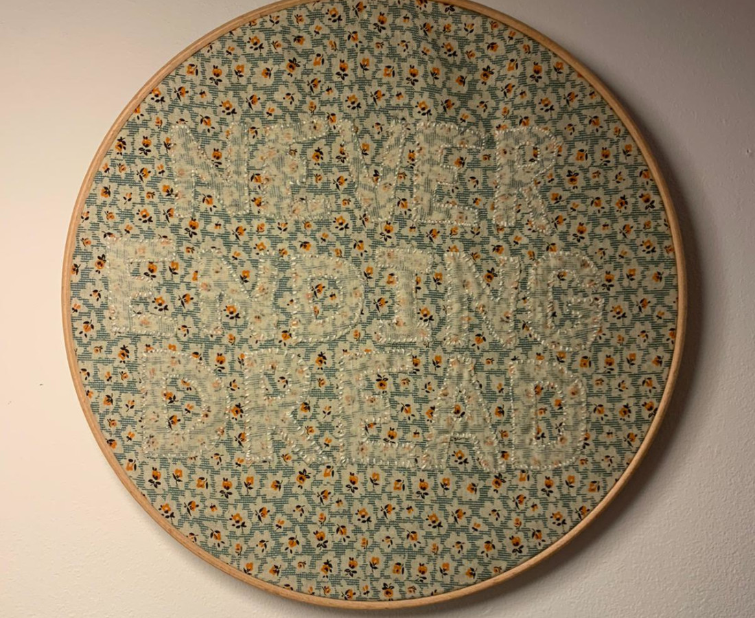 Rose Matafeo Never Ending Dread, 2019 Cotton and embroidery hoop Diameter 31.8 cm / 12 1/2 in