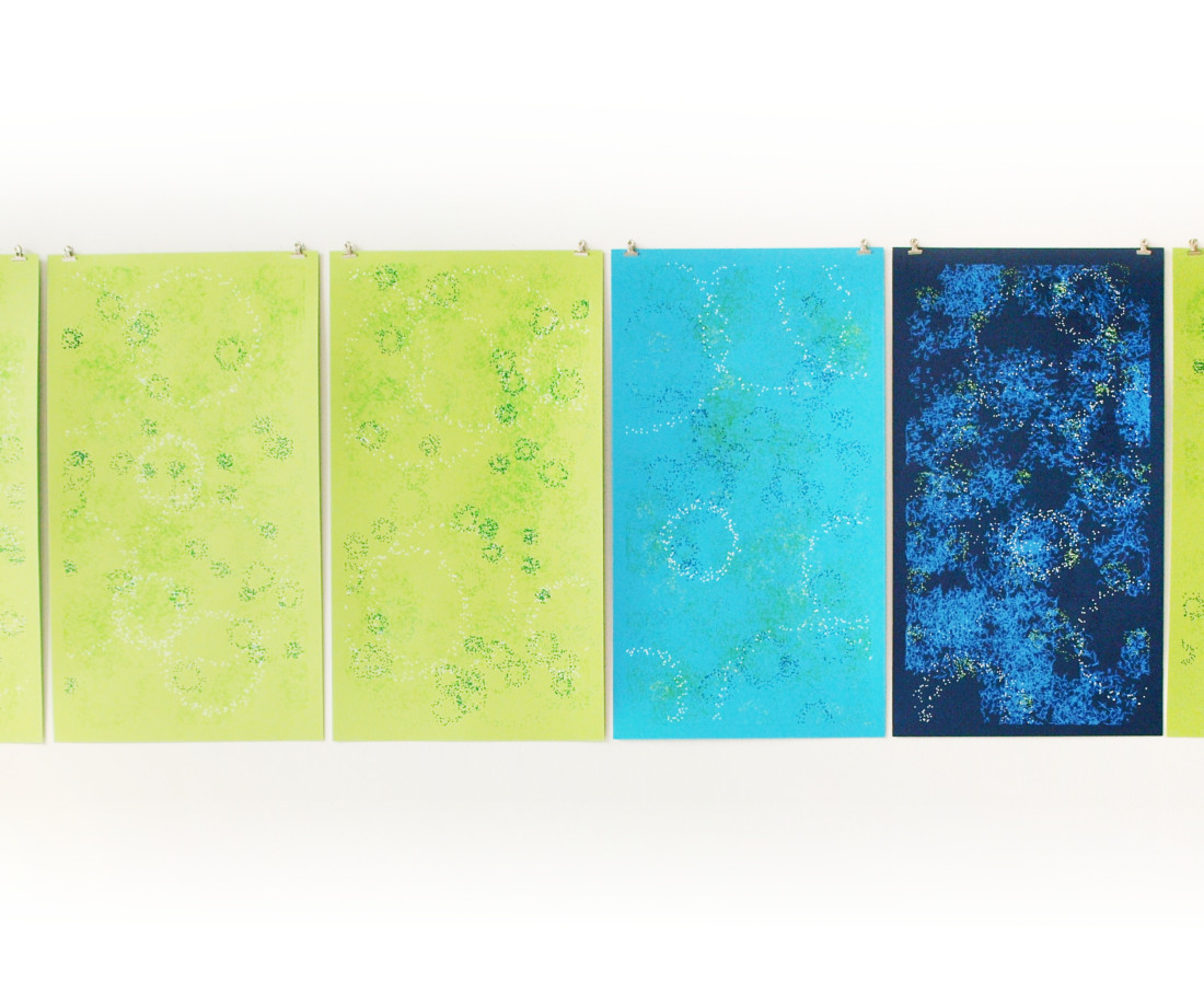 Patrick Tabarelli: [CA], 2015, 70 x 240 cm ( 70 x 40cm ciascuno), acquarello liquido su carta cotone