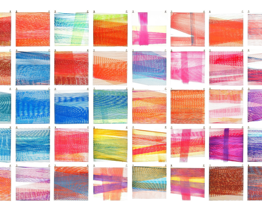 [M], 2015, 200 x 400 cm (38 x 38 cm ciascuna), acquarello liquido e acrilico su carta cotone,