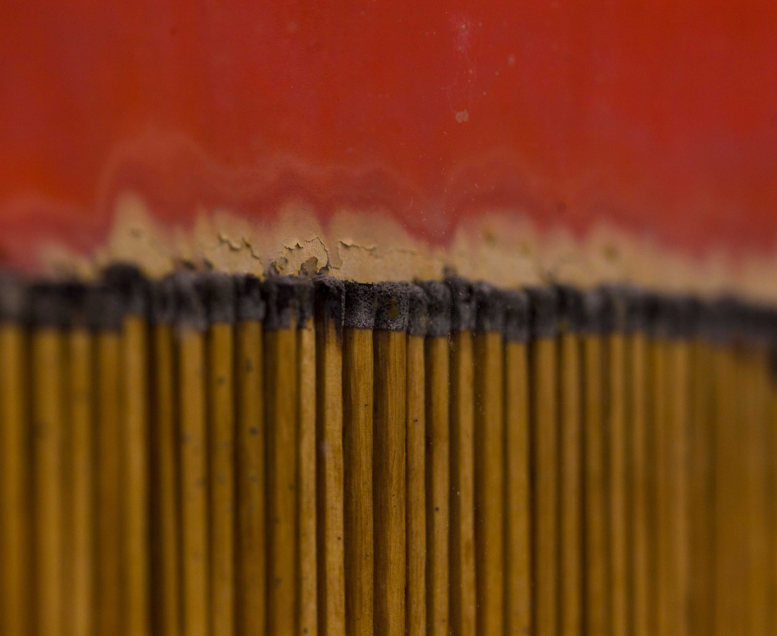 Bernard Aubertin, 1974, Dessin de feu, 100x74cm, acrylic and burnt matches detail.