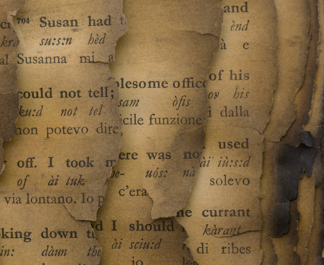 Bernard Aubertin, 1974, Livre brulé, 73x80cm, burnt book detail.