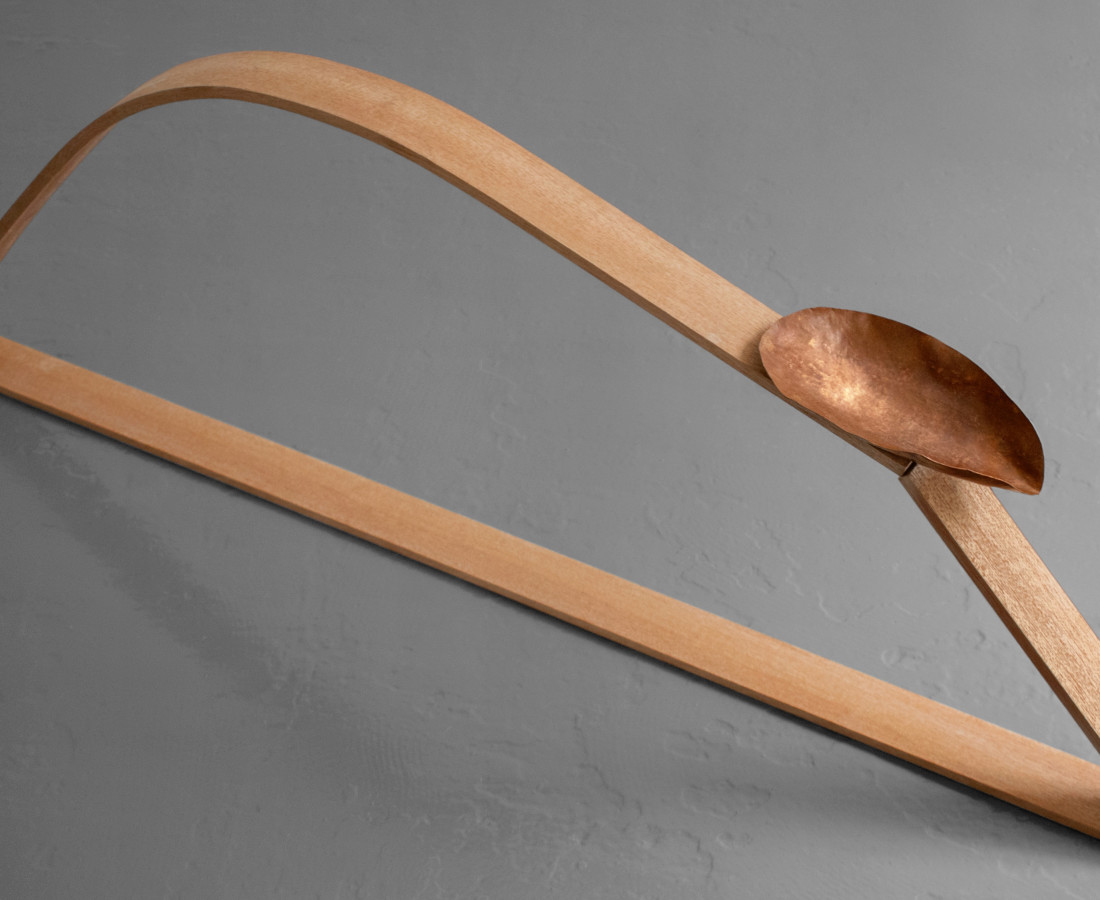 Maria Positano Keep me Here Hand shaped copper bowl on steam bent Sapele wood 45 x 100 x 5 cm 17 3/4 x 39 3/8 x 2 in