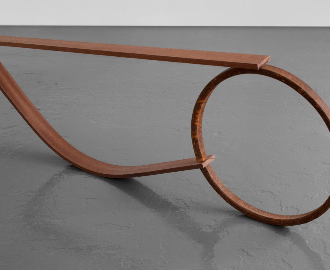 Maria Positano Pick me Up Rusted steel found object on steam bent Sapele wood 50 x 140 x 5 cm 19 3/4 x 55 1/8 x 2 in