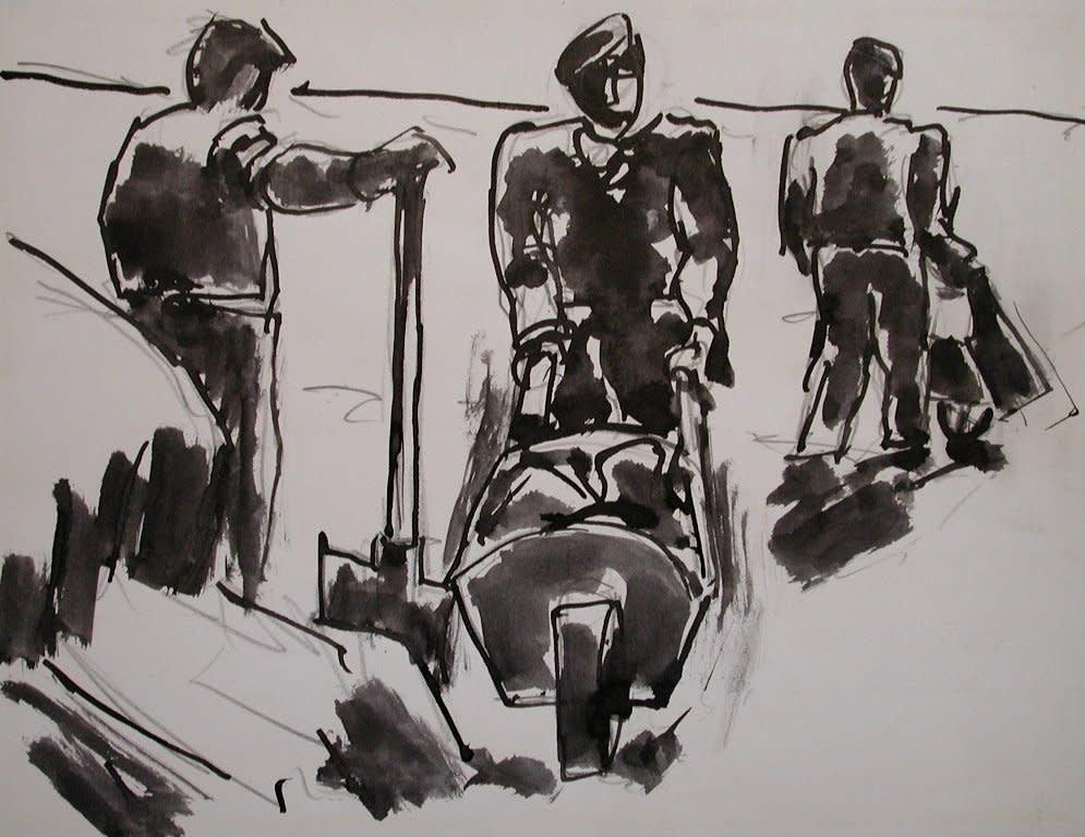 Josef Herman, Three men with wheelbarrows, 1969
