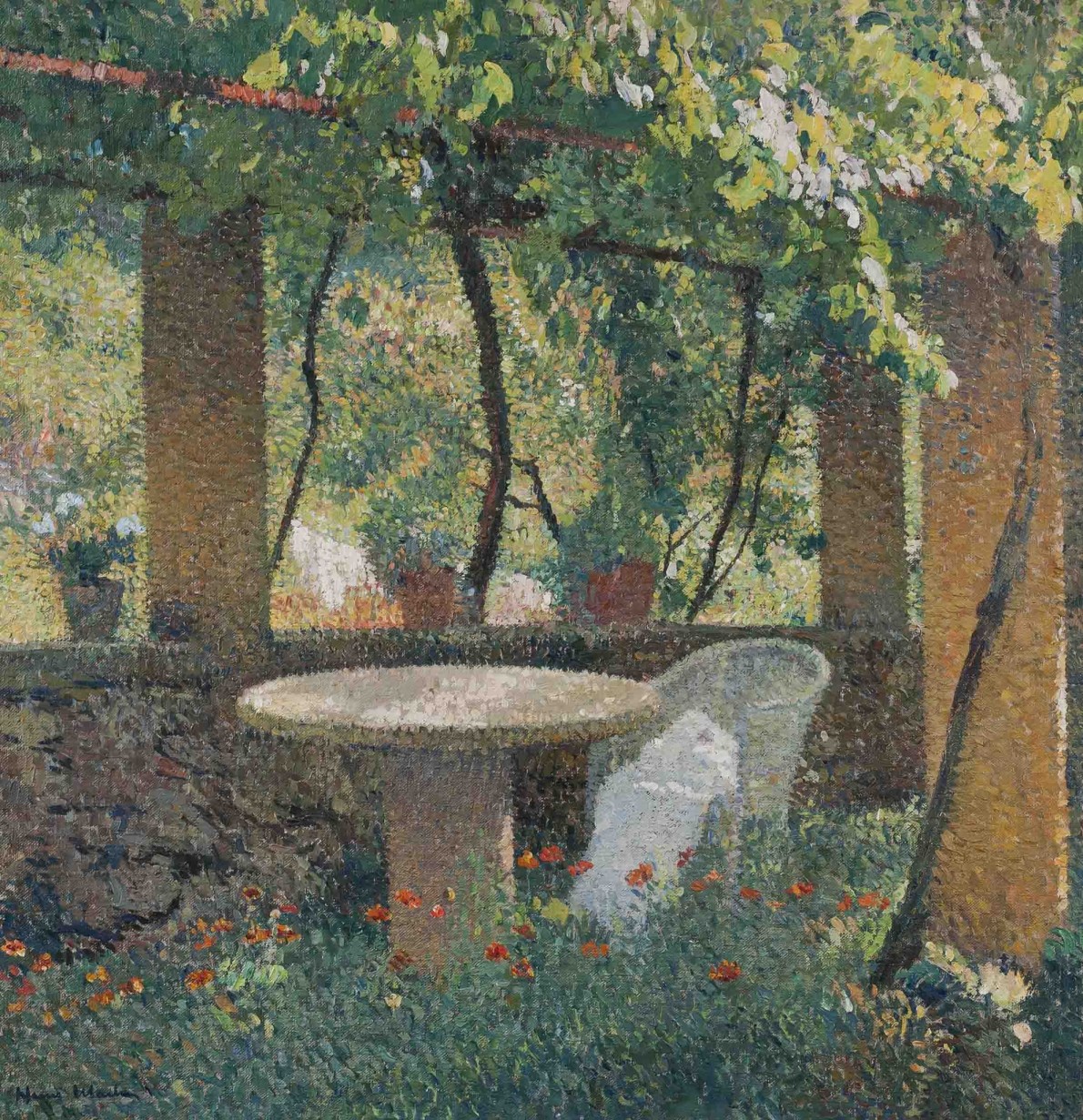Henri Martin, Marquayrol, sous la treille, travaux de couture abandonés, c.1920
