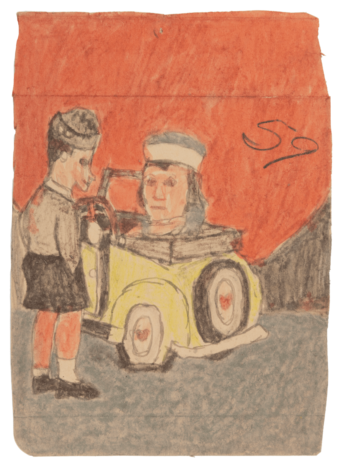James Castle, Untitled (Yellow car and two figures), n.d.