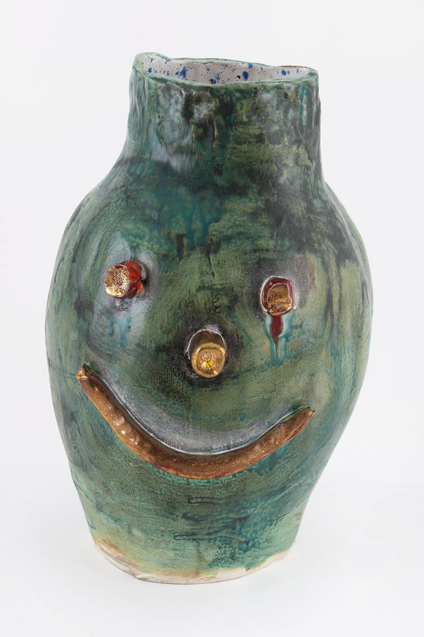 Dan McCarthy, Untitled Ceramic Facepot #35, 2013, Low fire clay and crystal  glaze with enamel paint, 17 1/2 x 10 inches. Courtesy Anton Kern Gallery,  New York