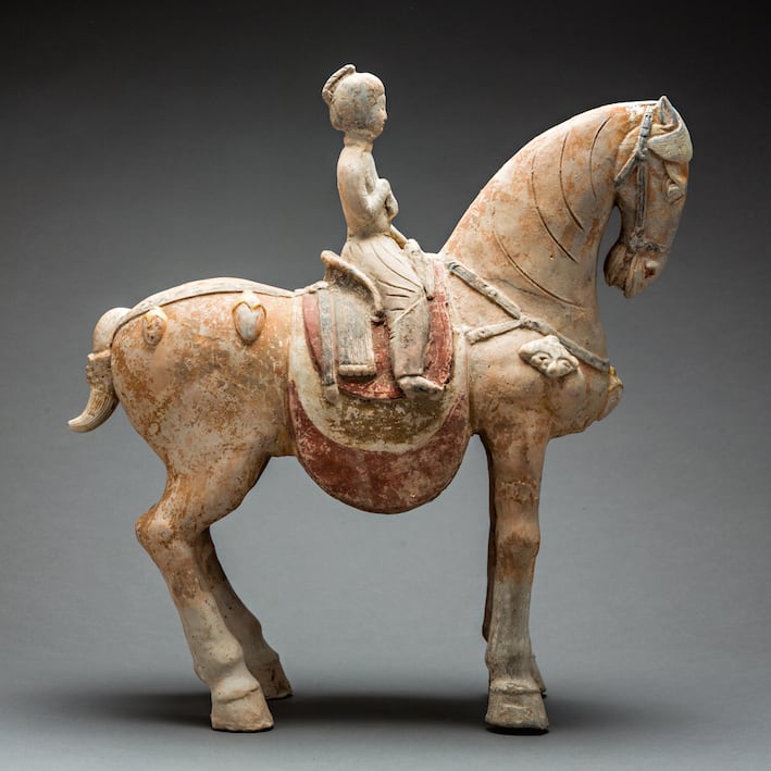 Tang Painted Terracotta Sculpture of a Horse and Female Rider, 600 CE - 700  CE | Barakat Gallery