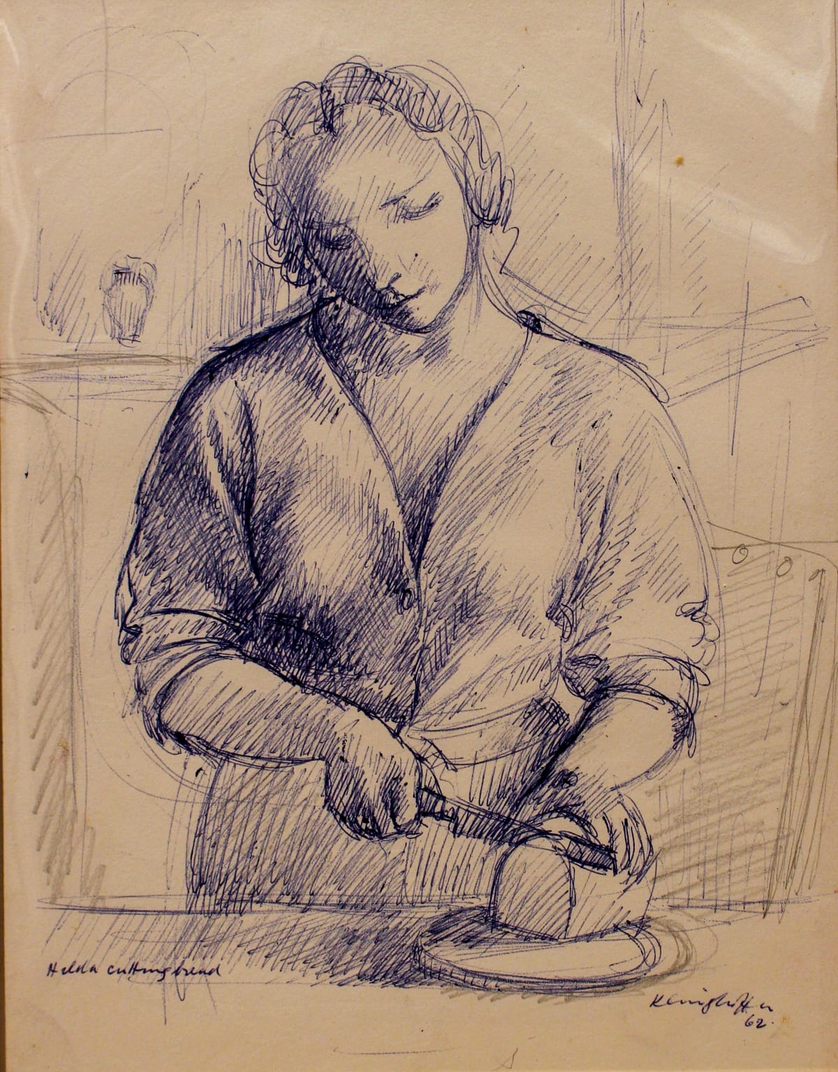 Hilda cutting bread, 1962